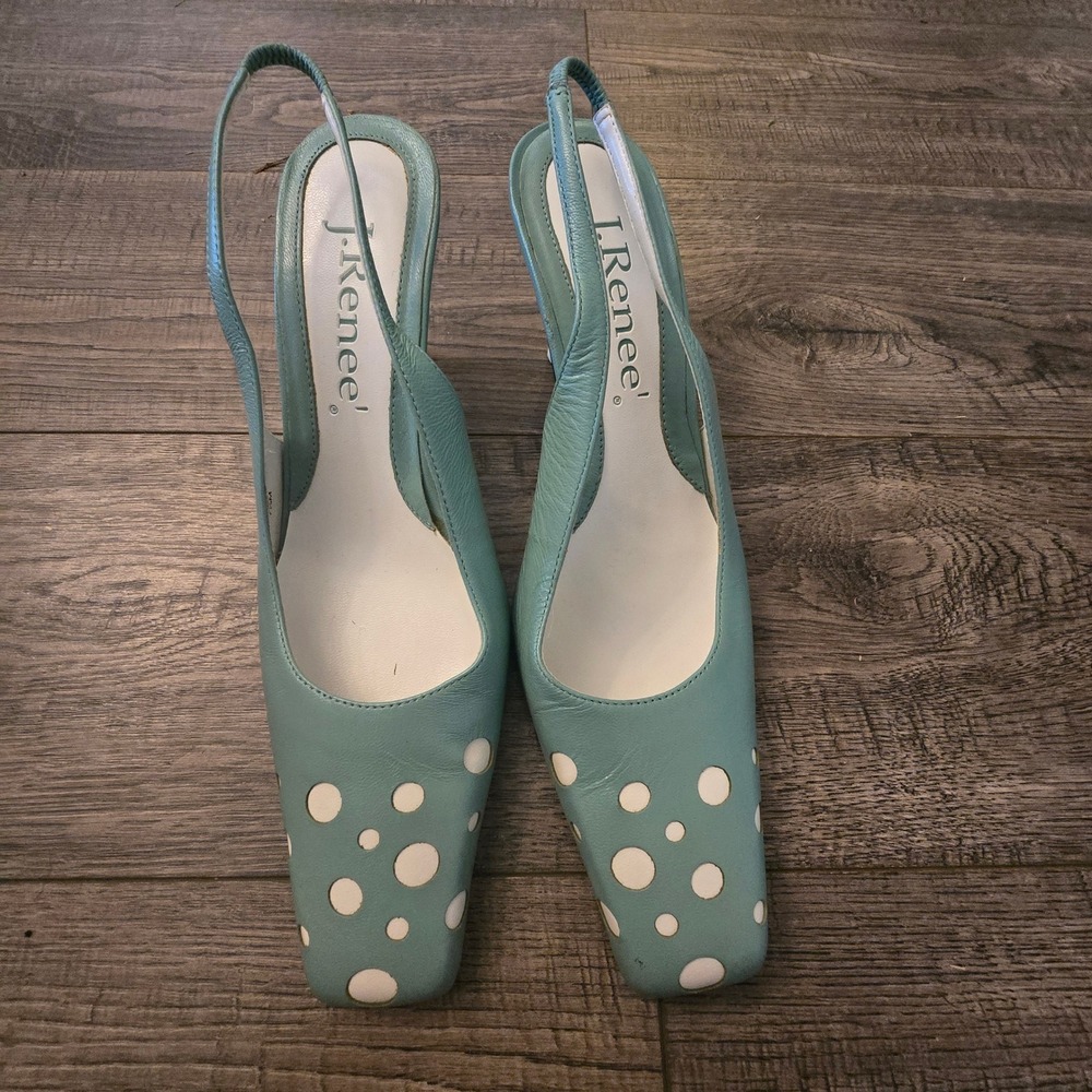 J. Renee Teal Blue Polka Dot Leather Slingback Kitten Heel Pumps Square Toe 7.5M